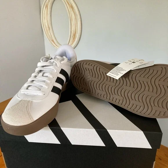 Adidas White and Black Sneakers with Brown Sole - Picture 2 of 4